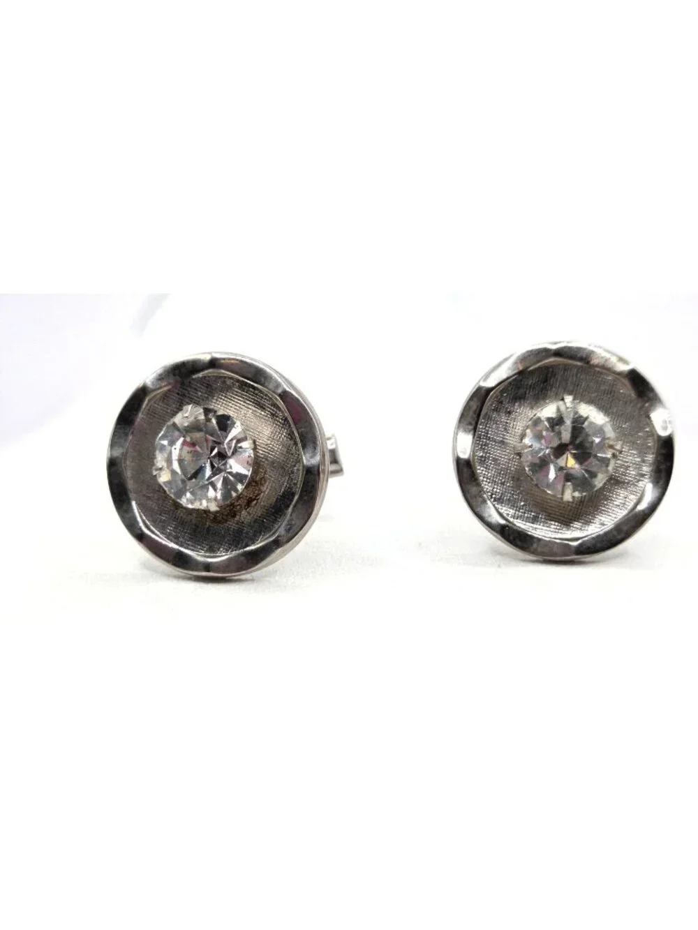 Vintage Silver-Tone Cufflinks With Clear Rhinestone Accent Round Design